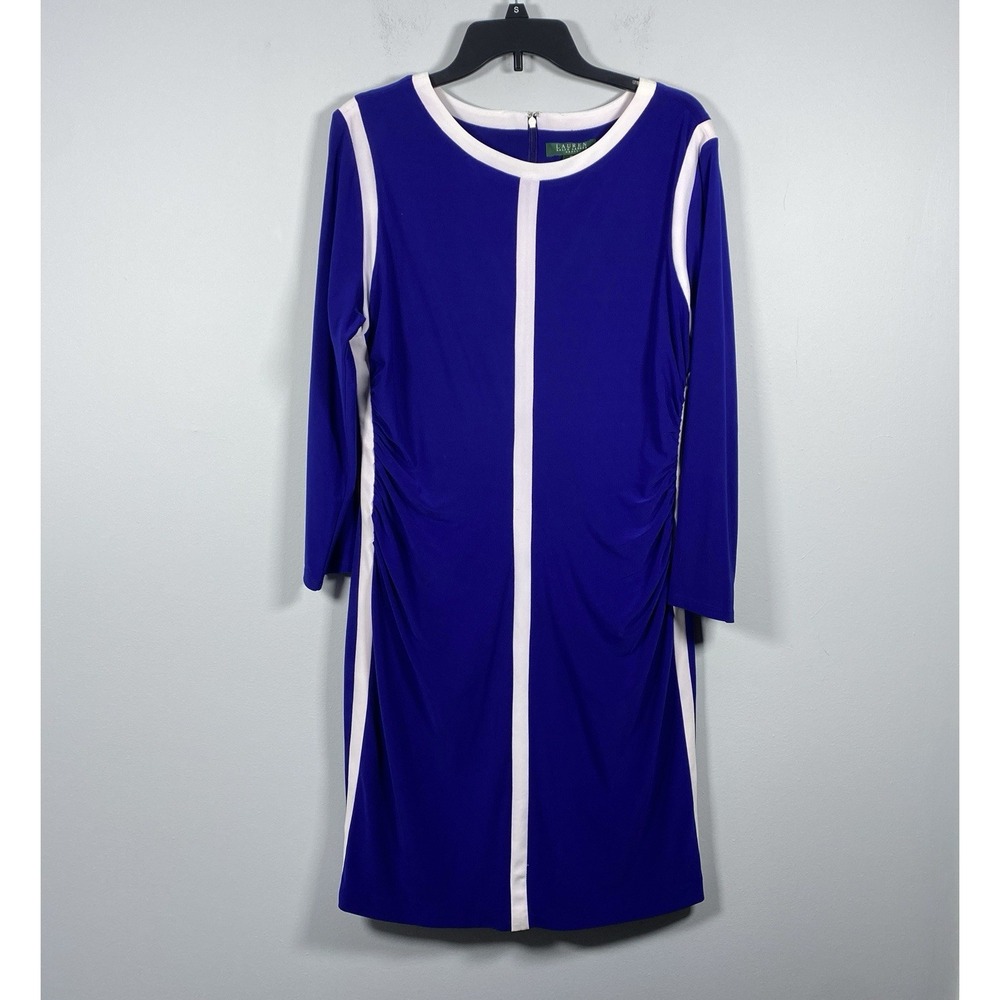Vintage Lauren Ralph Lauren Sheath Dress Women's Size 16 Blue White Office Party